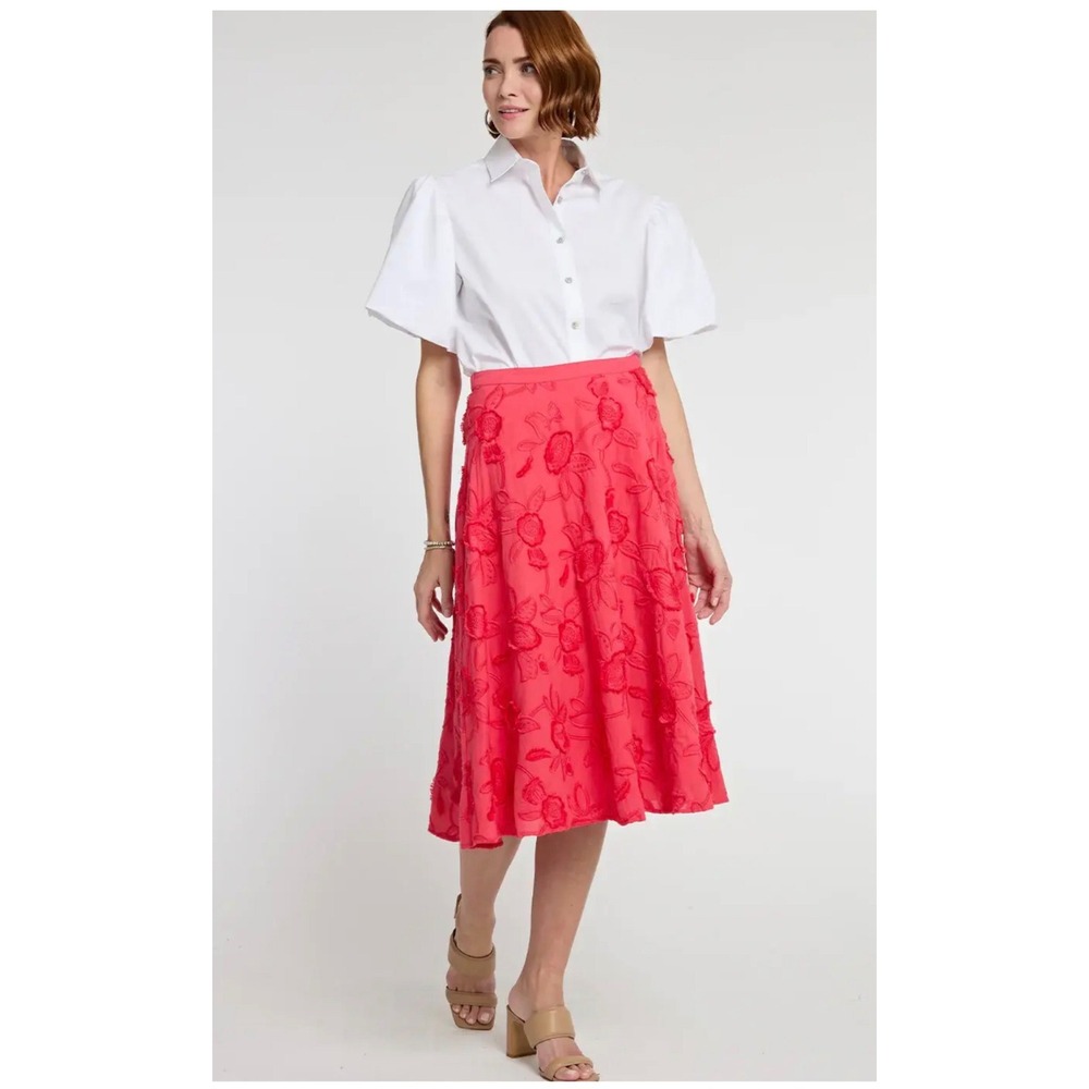 Hinson Wu Gloria Skirt L Coral Floral Embroidered Cotton A-Line Midi Cottagecore